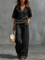 Women's linen two-piece set, color and fit detail