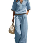 Women's linen two-piece set, color and fit detail