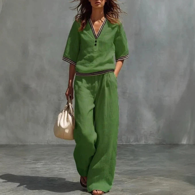 Women's linen two-piece set, color and fit detail