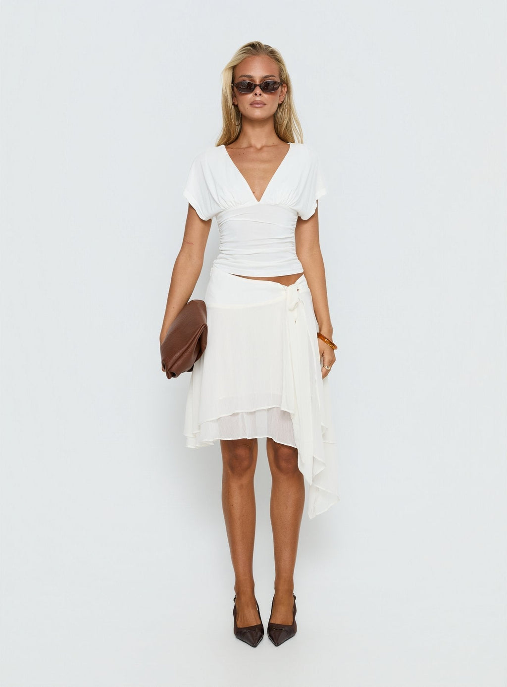Cream tie-waist chiffon midi skirt full length