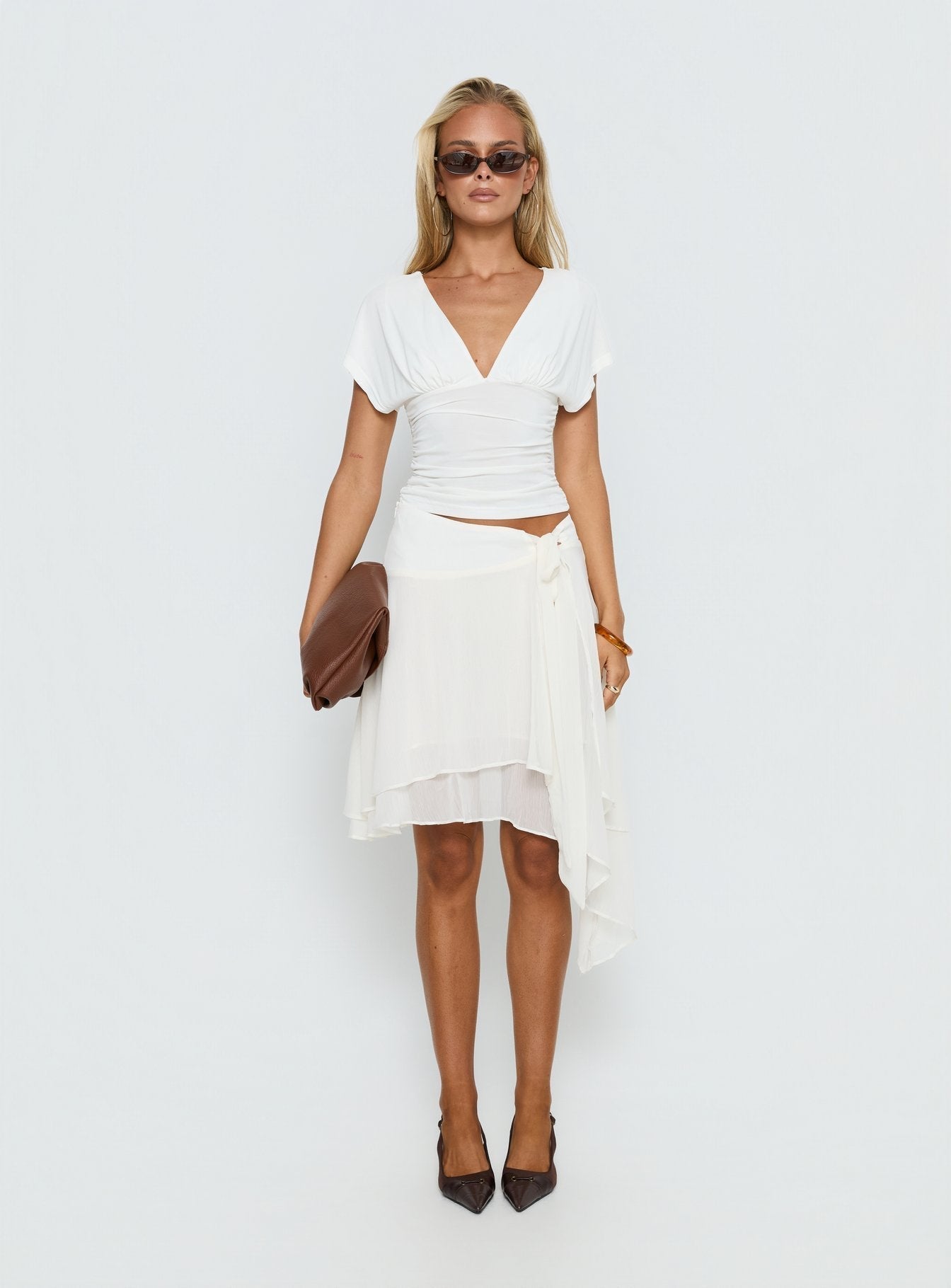 Cream tie-waist chiffon midi skirt full length