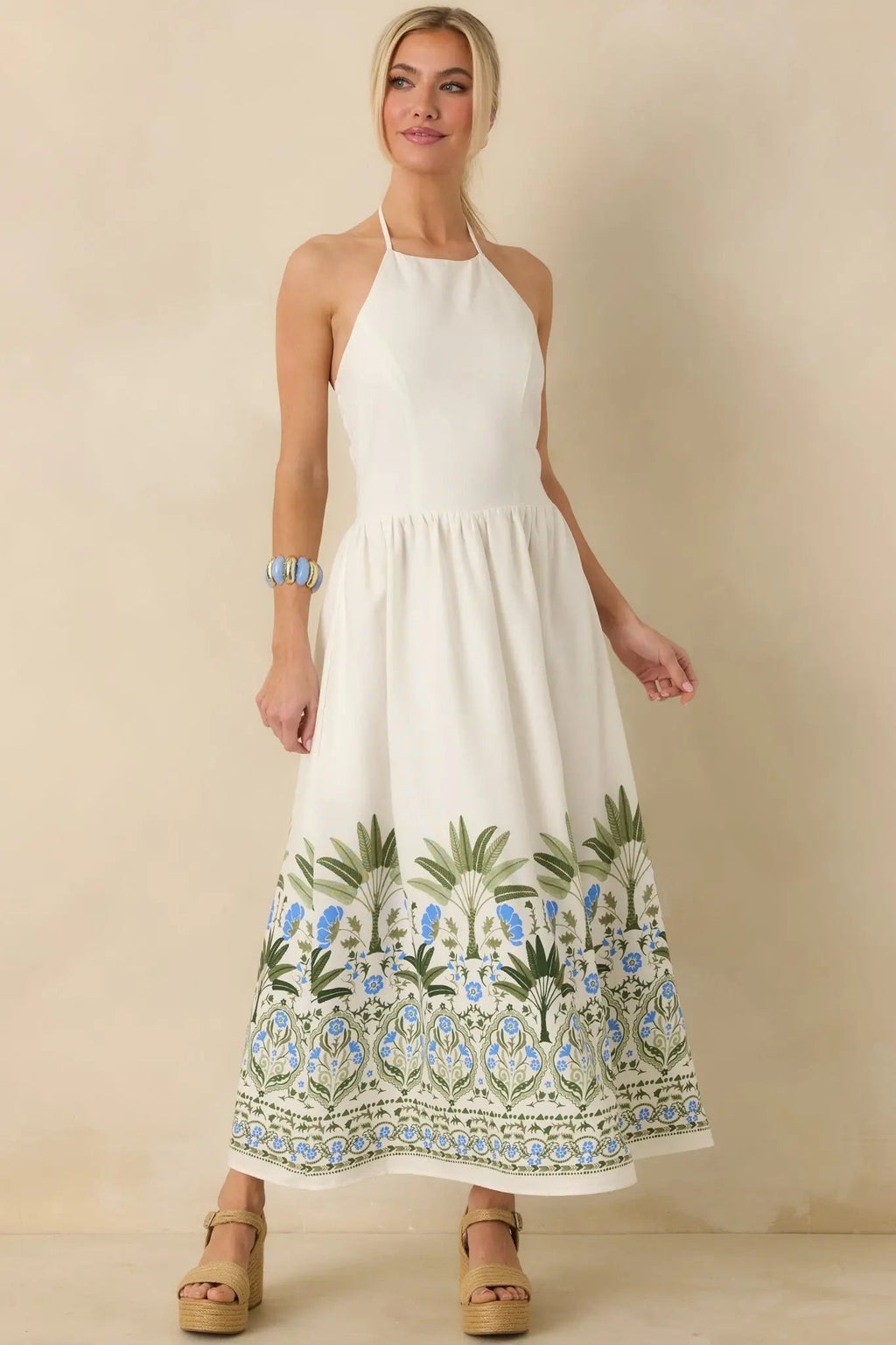 Women's Palm Villa Ivory Multi Floral & Palm Halter Midi Dress | 75% Rayon & 25% Linen 1