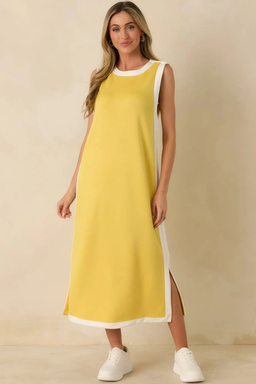 Women's Perfectly Framed Yellow Jersey Knit Contrast Trim Sleeveless Maxi Dress | 55% Rayon 3