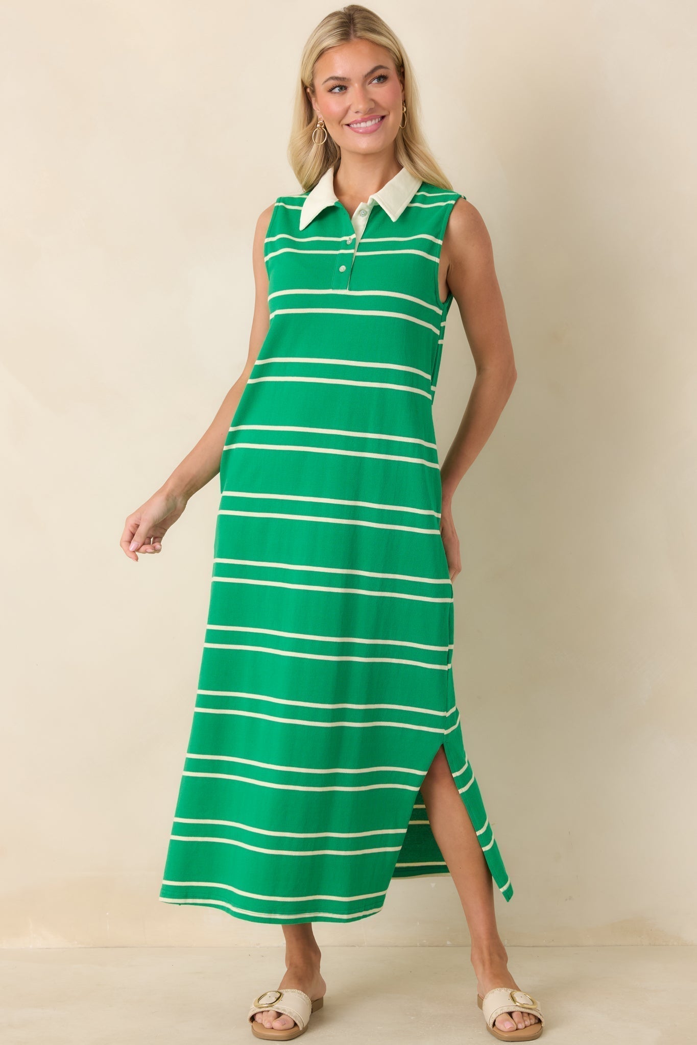 Women's Polished Play Green Stripe Cotton Sleeveless Maxi Dress | 100% Cotton Contrast: 85% Cotton & 15% Polyester 5