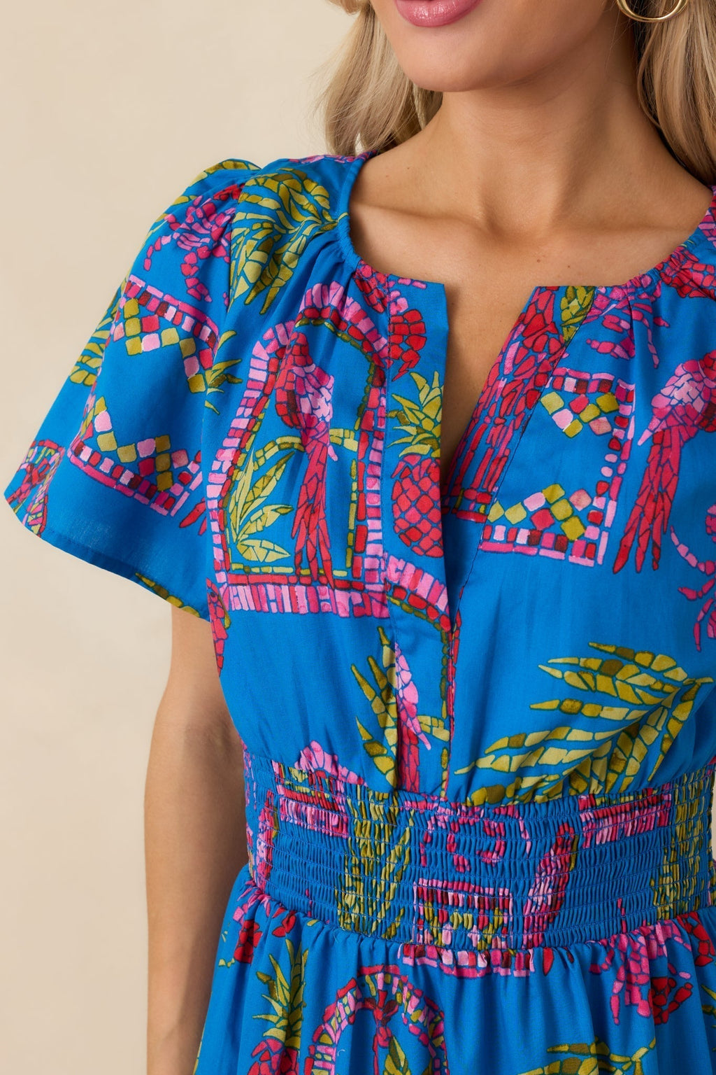 Women's Postcards From Paradise Blue Multi Cotton Tropical Mosaic Print Tiered Maxi Dress | 100% Cotton Contrast: 100% C 2