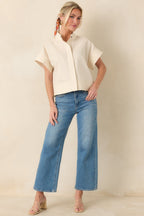 Women's Pretty In Power Natural Cotton Linen Button-Front Mock Neck Top | 80% Cotton & 20% Linen 3