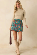 Women's Pretty Please Teal Green Floral Print Mini Skirt | 80% Polyester & 20% Cotton 4