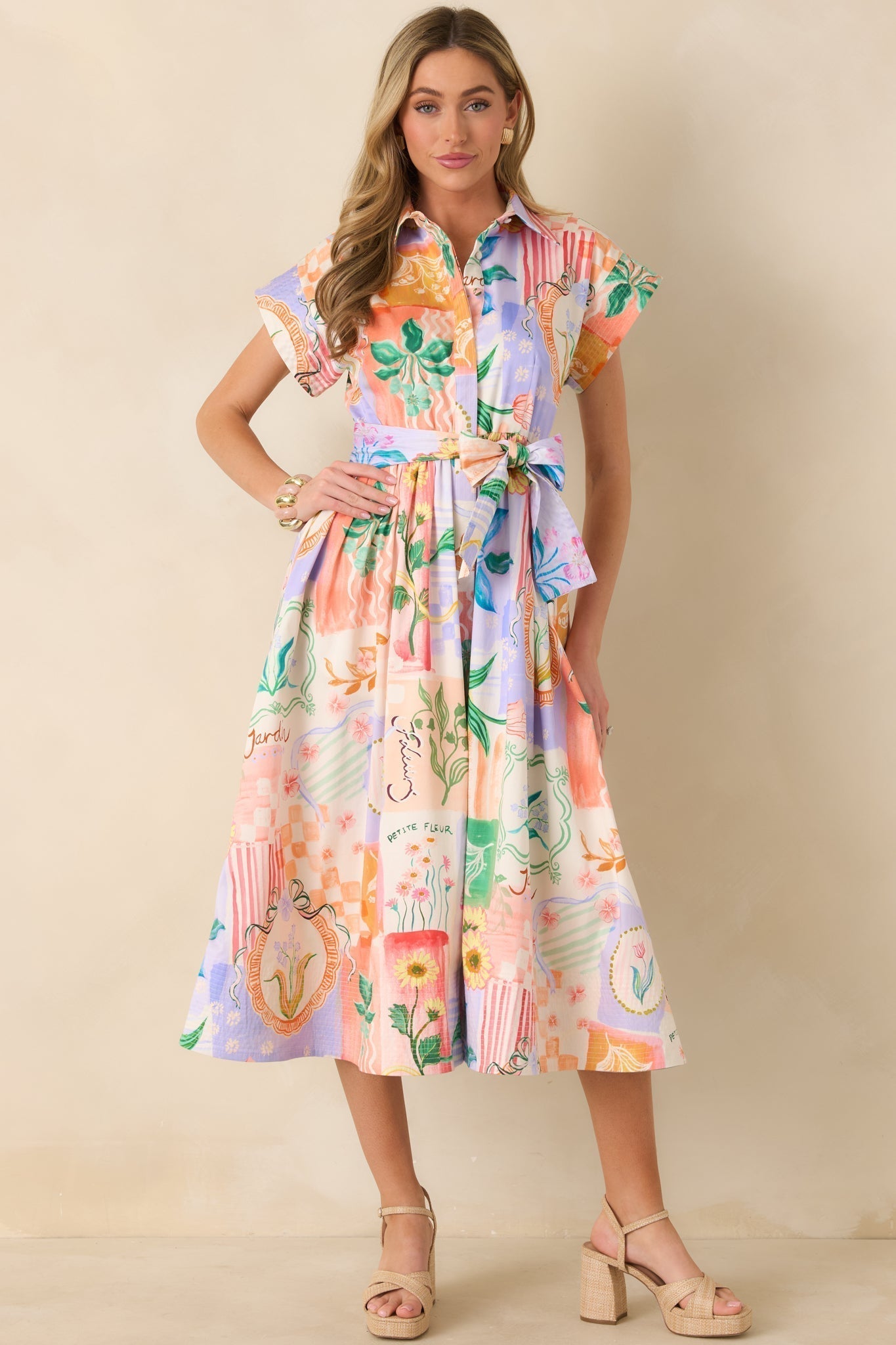Women's Prosperina Savannah Peach Multi Floral Cotton Midi Dress | 98% Cotton & 2% Spandex 5