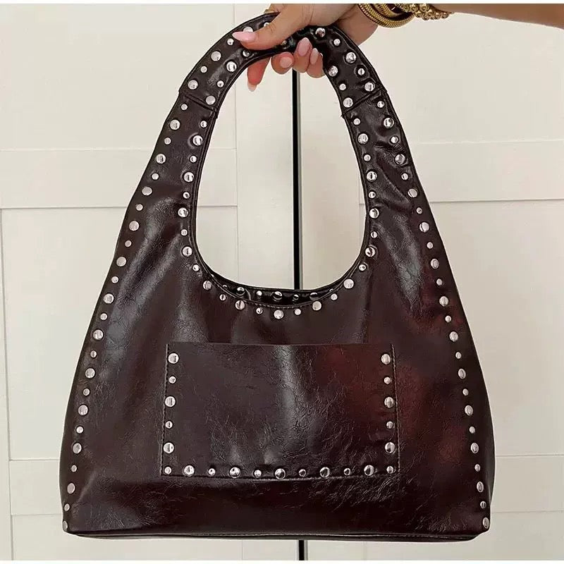 Retro Chic | Vintage Oil Wax Leather Shoulder Bag with Rivet Details | Stylish Handbag for Bold Fashion Statements