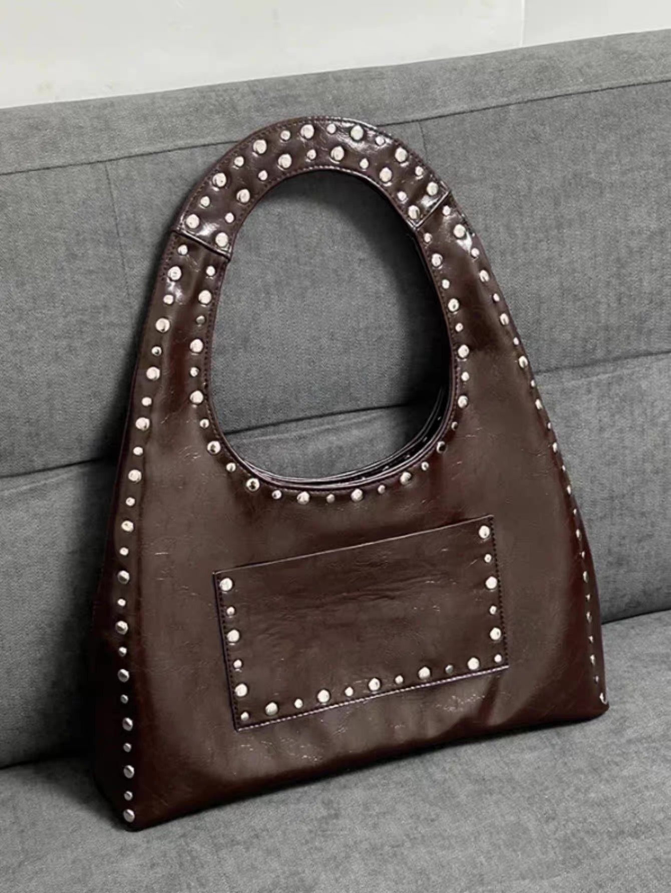 Retro Chic | Vintage Oil Wax Leather Shoulder Bag with Rivet Details | Stylish Handbag for Bold Fashion Statements
