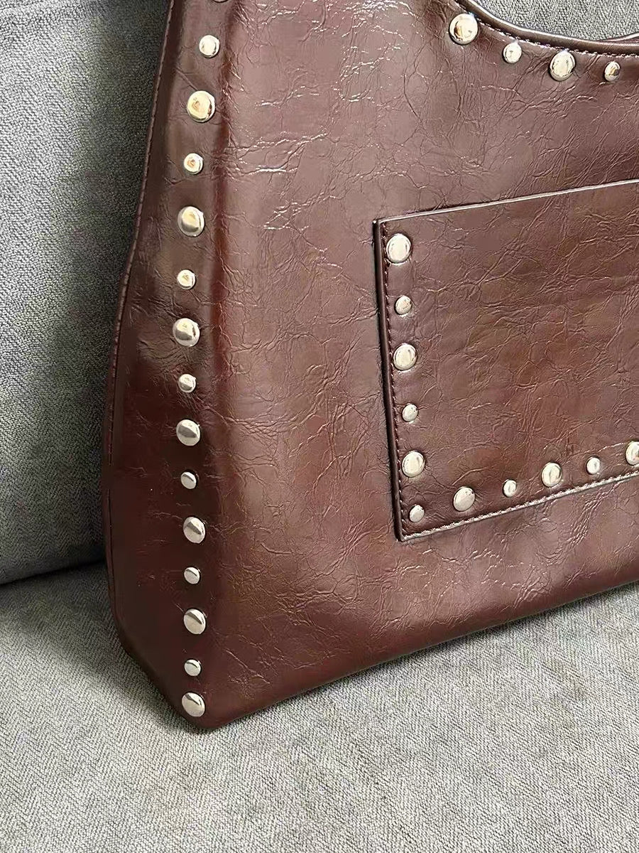 Retro Chic | Vintage Oil Wax Leather Shoulder Bag with Rivet Details | Stylish Handbag for Bold Fashion Statements