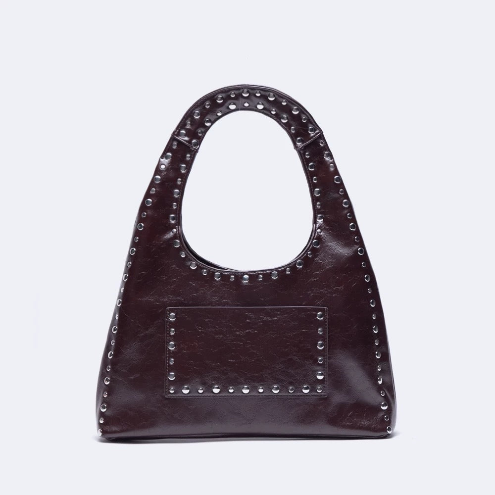 Retro Chic | Vintage Oil Wax Leather Shoulder Bag with Rivet Details | Stylish Handbag for Bold Fashion Statements