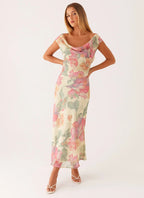 Floral back-tie maxi dress in yellow & pink print, front view