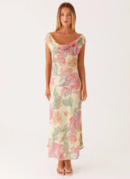 Yellow and pink floral maxi dress, side view