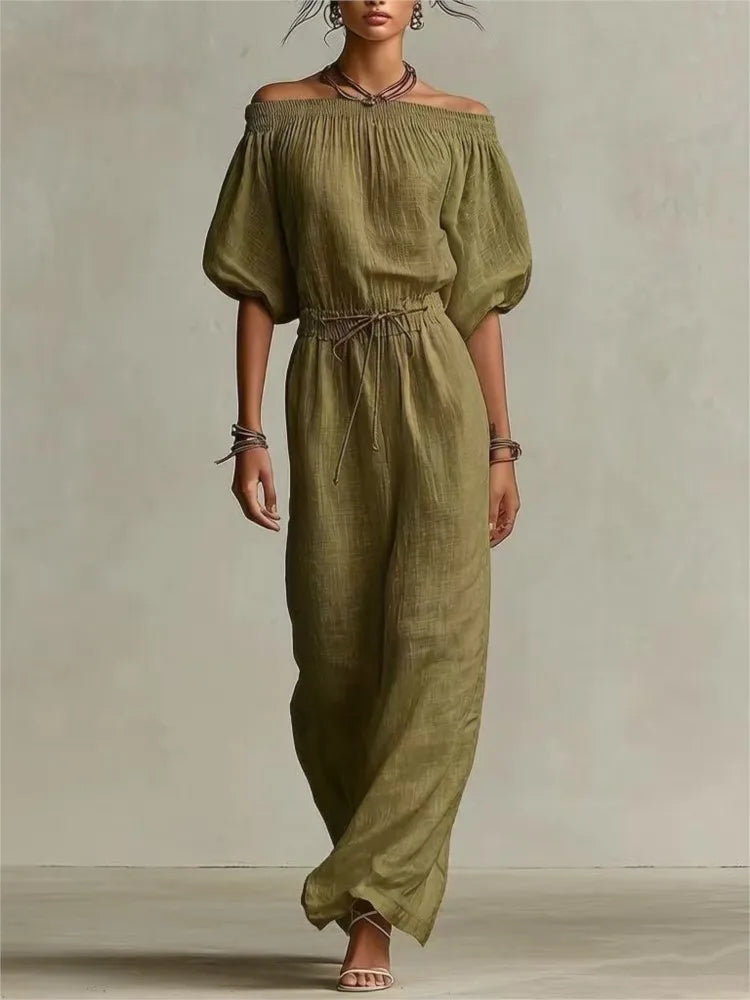 Off-shoulder half-sleeve slim maxi dress in Olive