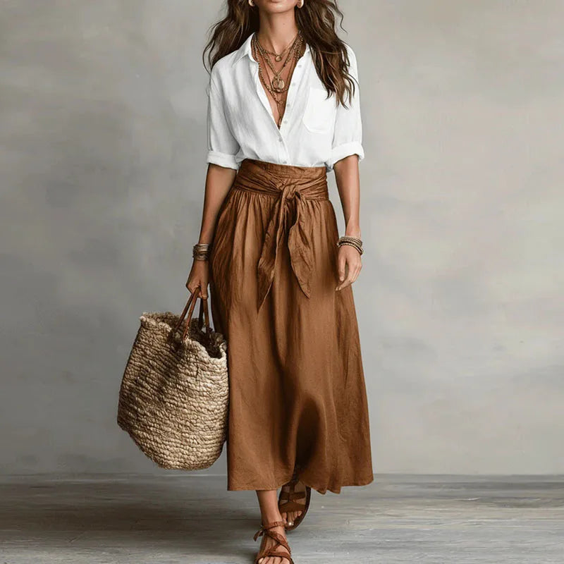 White Brown button lapel top and tie-waist skirt set