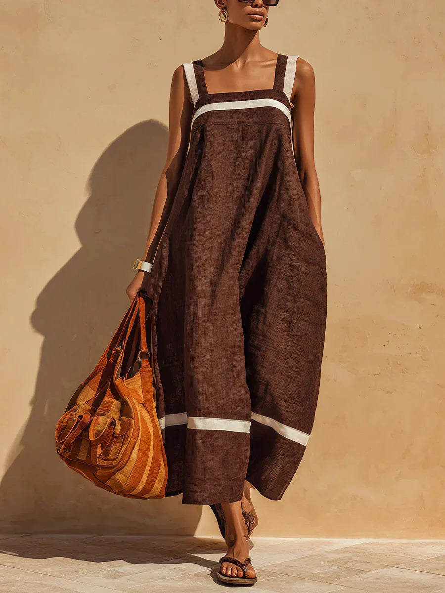 Brown breathable linen slip midi dress
