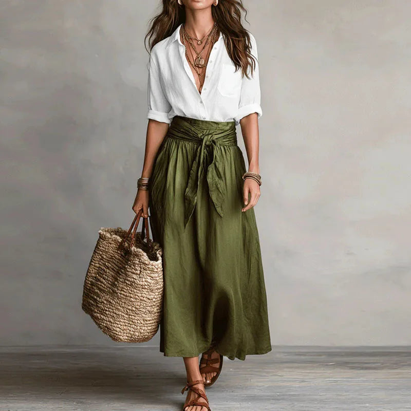 White Green button lapel top and tie-waist skirt set