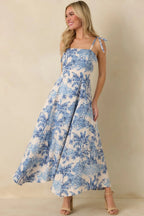 Women's Santorini Sketch Blue Palm Print Tie Strap Maxi Dress | 50% Cotton & 50% Rayon 3