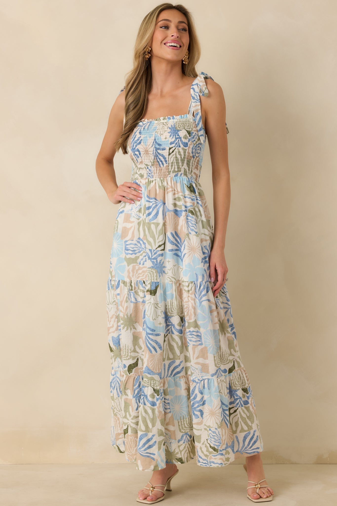 Women's Shoreline Sonata Blue Multi Palm Print Tie Strap Tiered Maxi Dress | 60% Cotton & 40% Rayon 3