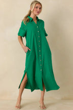 Women's Show Me the Way Kelly Green Cotton Button Front Midi Shirt Dress | 100% Cotton 2