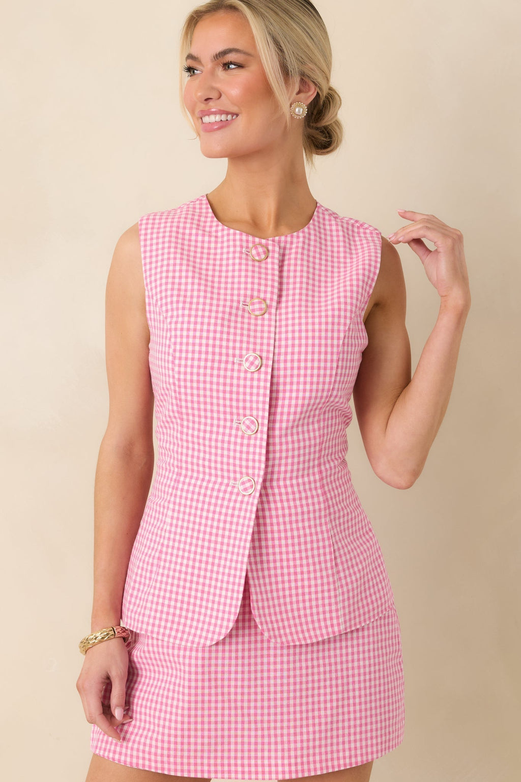 Women's Simply Joyful Pink Gingham Sleeveless Romper | 70% Cotton & 30% Polyester 0