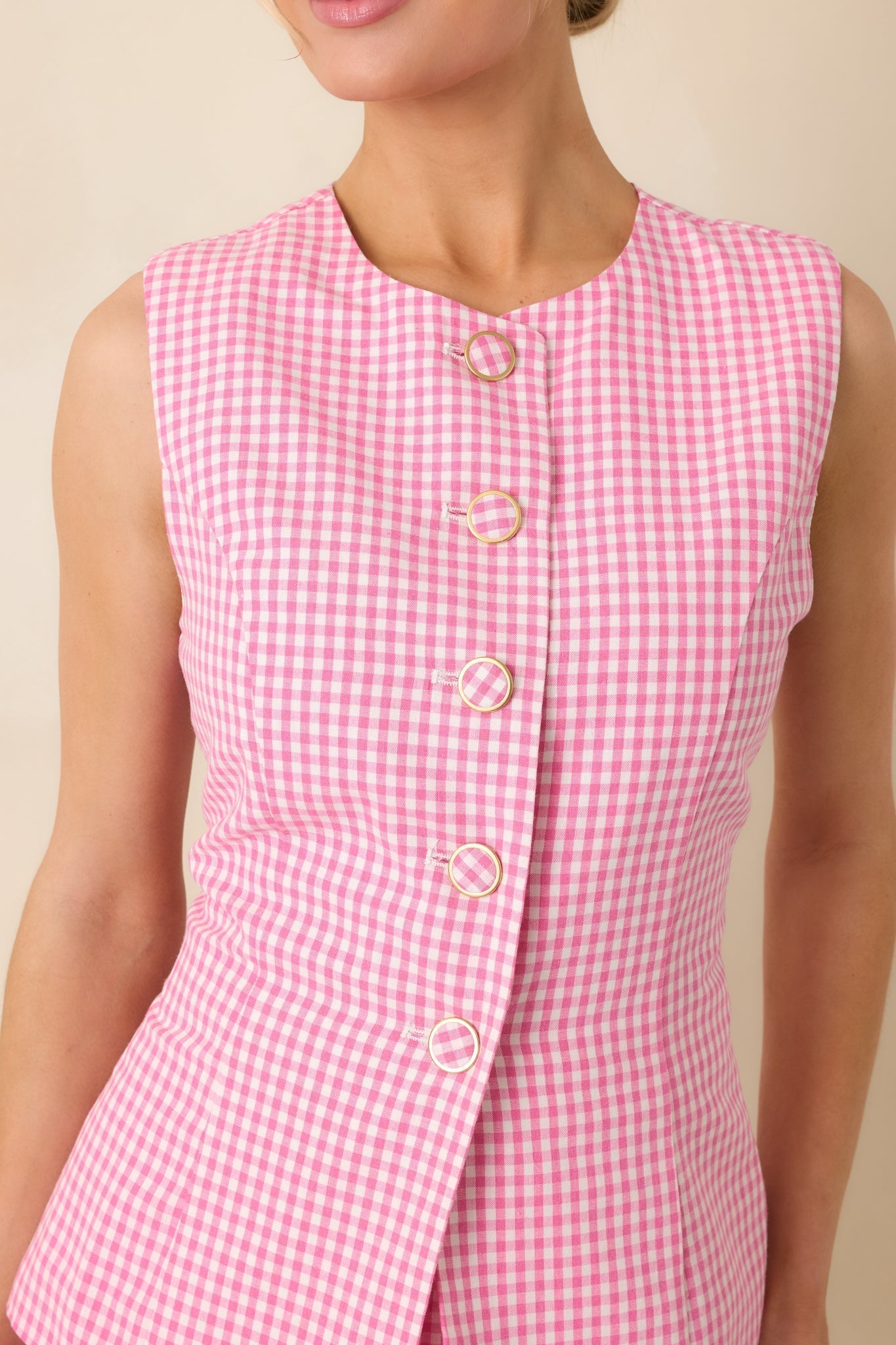 Women's Simply Joyful Pink Gingham Sleeveless Romper | 70% Cotton & 30% Polyester 1