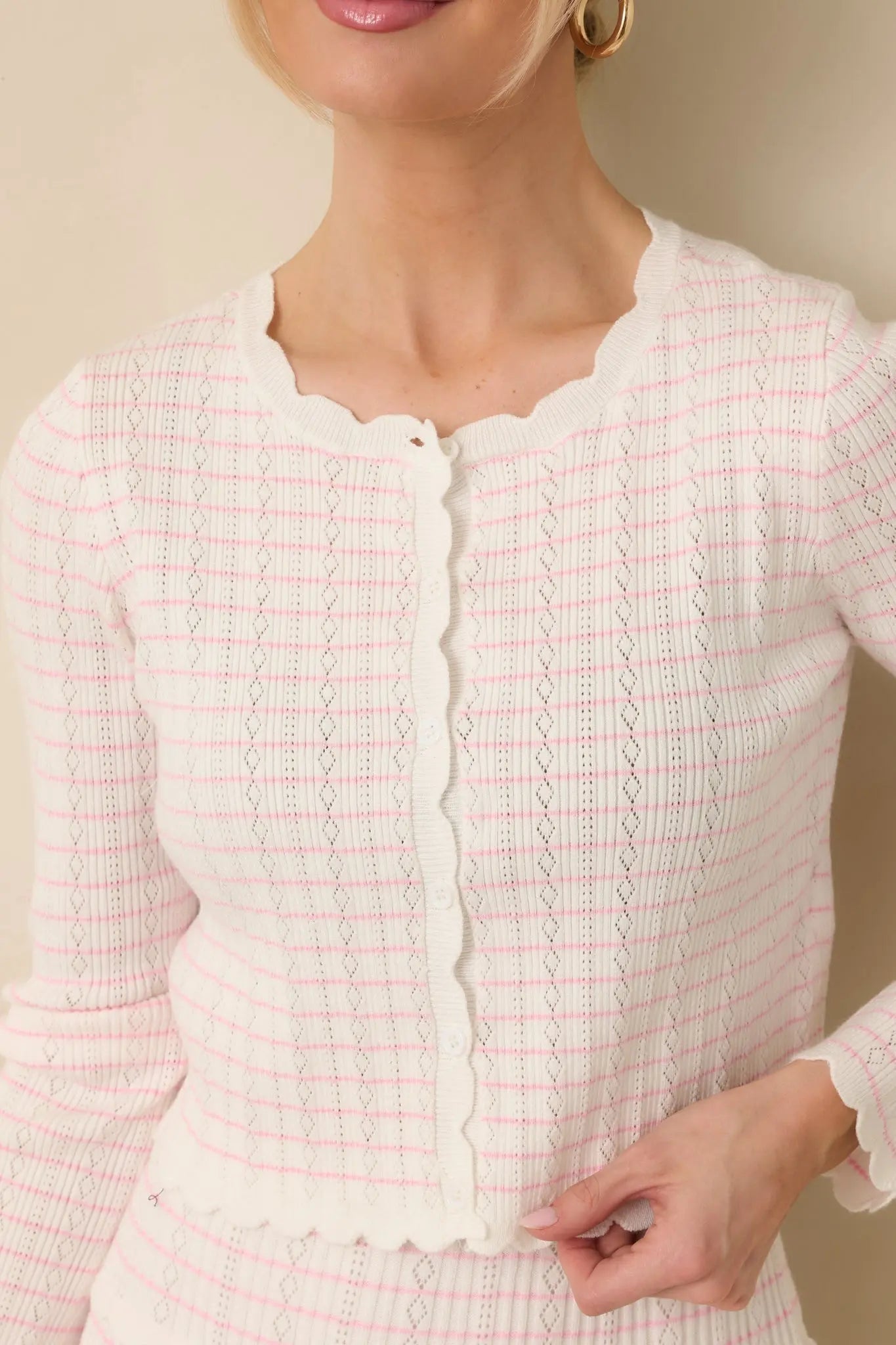 Women's Soft Echoes White Stripe Pointelle Knit Button Up Cardigan | 50% Viscose 2