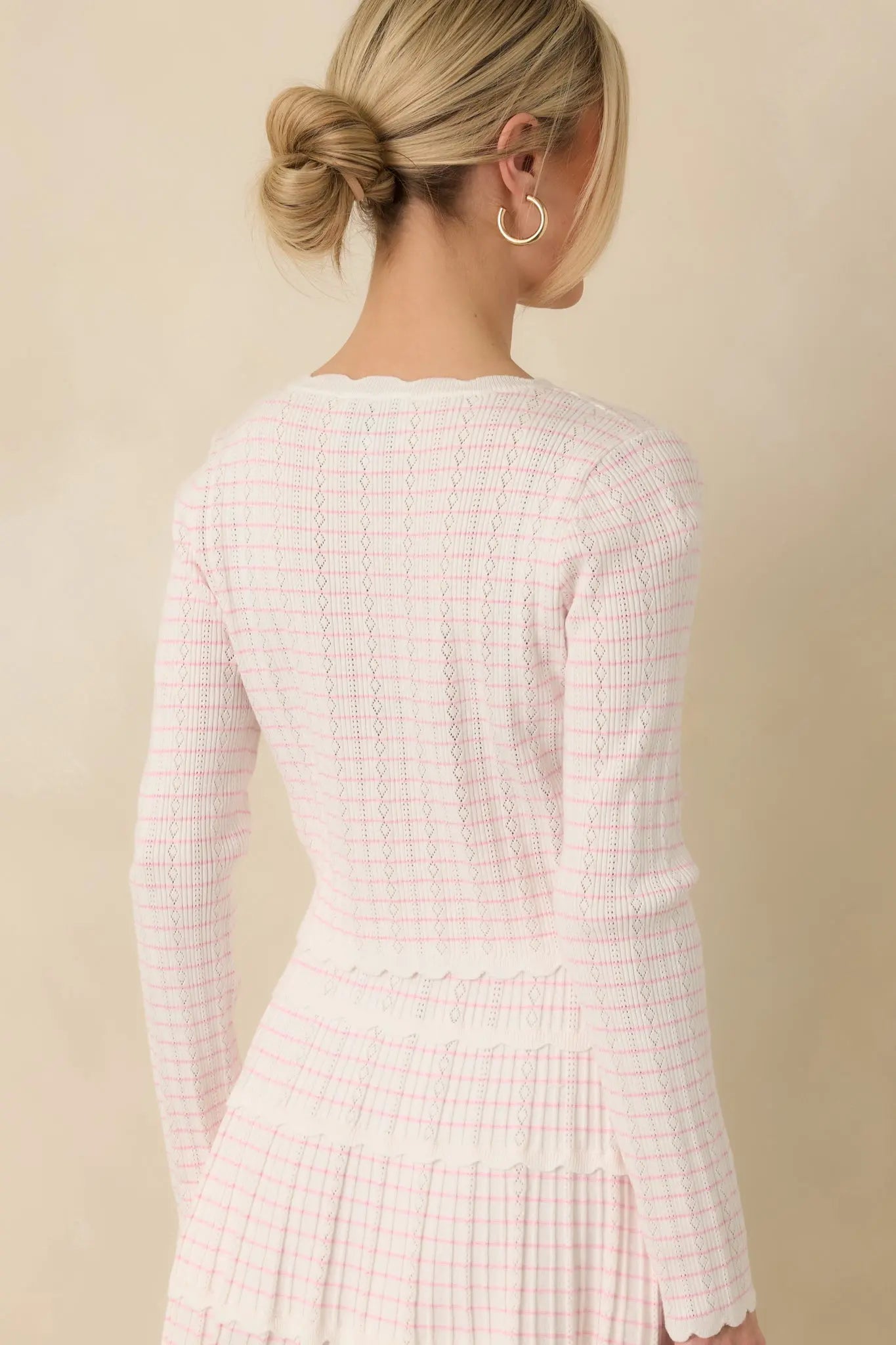 Women's Soft Echoes White Stripe Pointelle Knit Button Up Cardigan | 50% Viscose 7