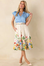 Women's The Way It Unfolded Blue Ruffle & Lace Trim V-Neck Blouse | 50% Recycled Polyester & 50% Polyester Contrast: 1 0