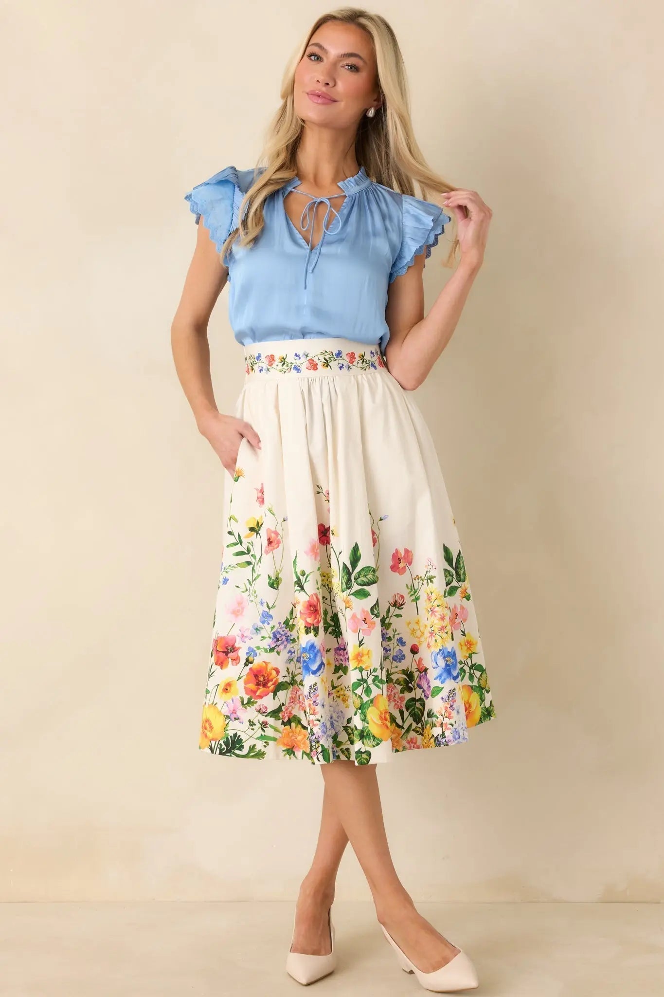 Women's The Way It Unfolded Blue Ruffle & Lace Trim V-Neck Blouse | 50% Recycled Polyester & 50% Polyester Contrast: 1 0