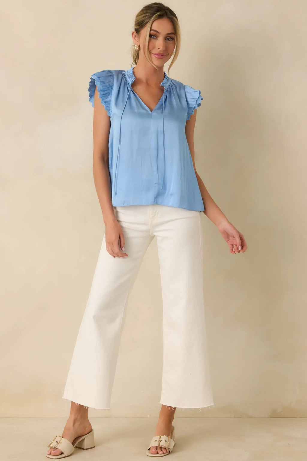 Women's The Way It Unfolded Blue Ruffle & Lace Trim V-Neck Blouse | 50% Recycled Polyester & 50% Polyester Contrast: 1 7