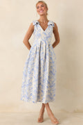 Women's Tie It Up Pretty Blue Floral Bow Strap Midi Dress | 100% Polyester 0
