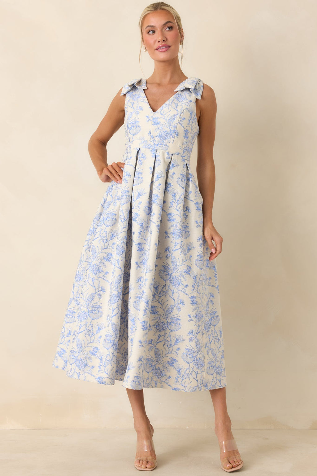 Women's Tie It Up Pretty Blue Floral Bow Strap Midi Dress | 100% Polyester 5