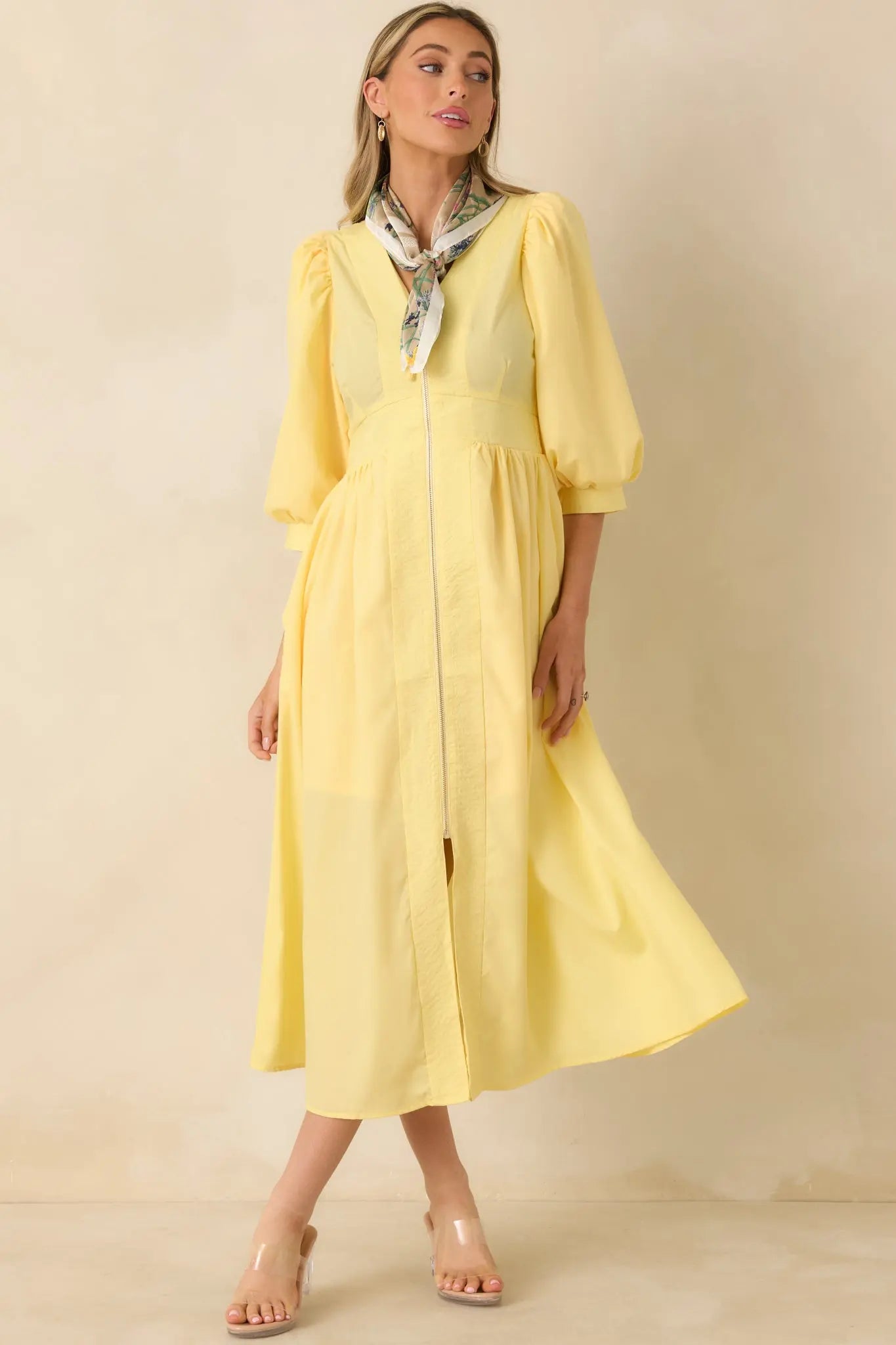 Women's To Be Fair Daffodil Yellow Blouson Sleeve Zip Up Midi Dress | 80% Polyester & 20% Cotton 0