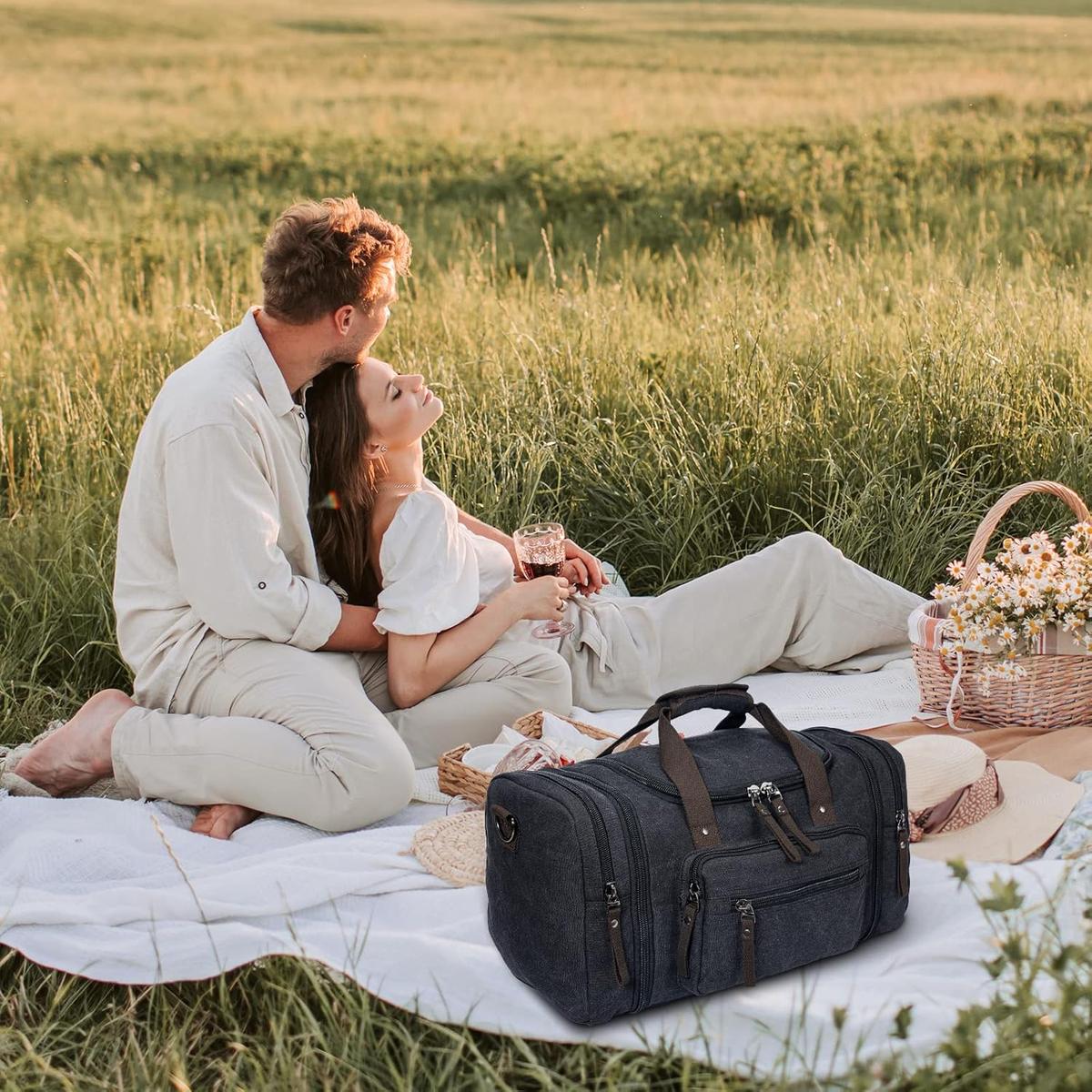 Canvas travel duffle bag, side view