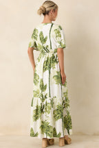 Women's Under Swaying Palms Ivory & Green Tropical Flutter Maxi Dress | 75% Rayon & 25% Linen 4