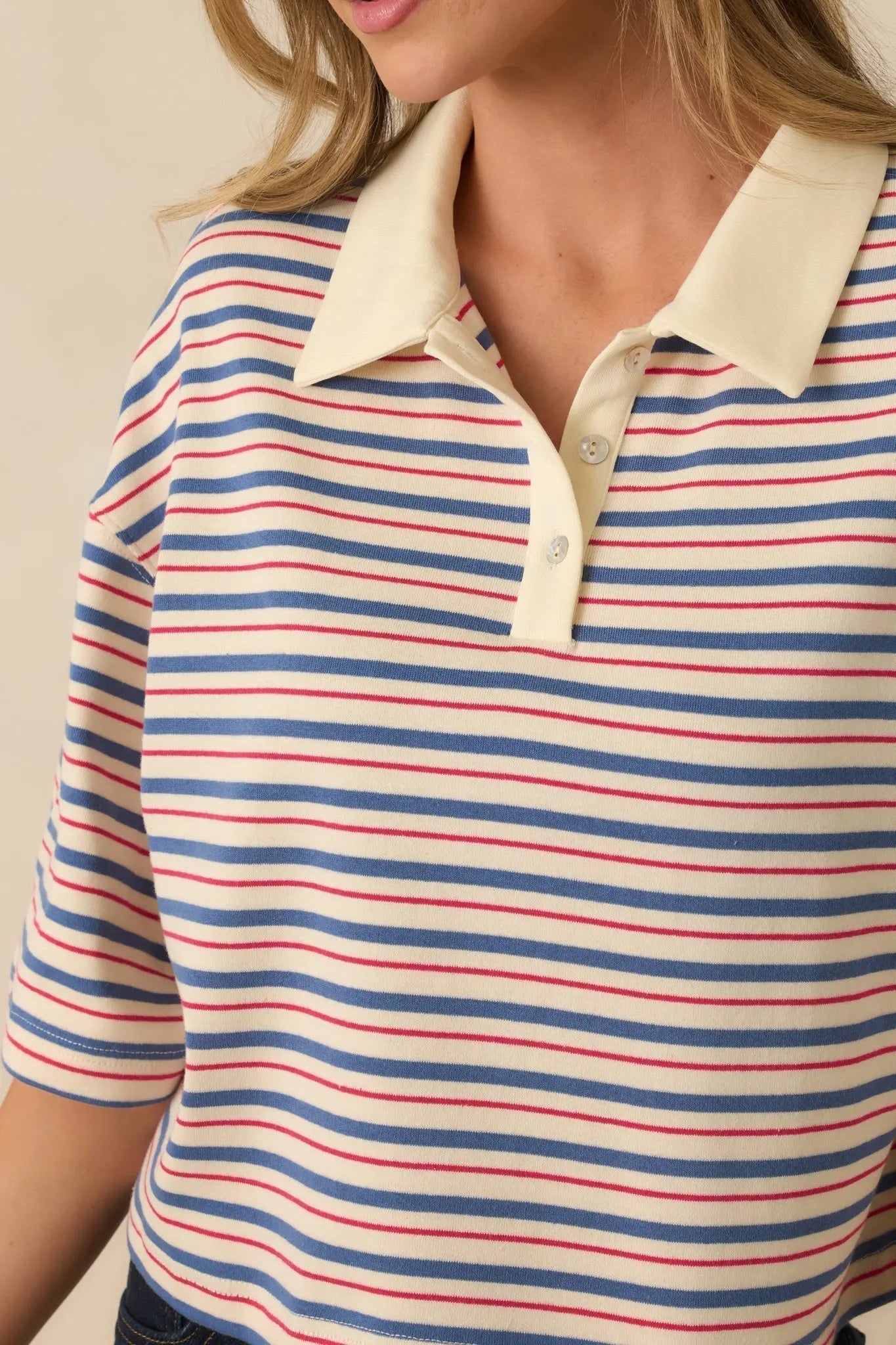 Women's Varsity Charm Blue Multi Stripe Boxy Cotton Polo Top | 95% Cotton & 5% Spandex Contrast: 85% Cotton & 15% 2