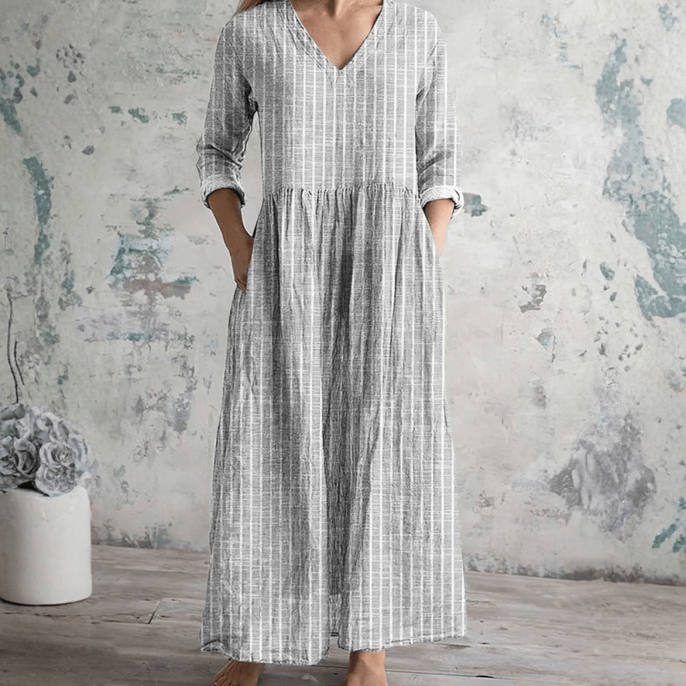 Vintage Charm | Breathable V Neck Stripe Dress with Relaxed Fit | Effortless Everyday Style for Women