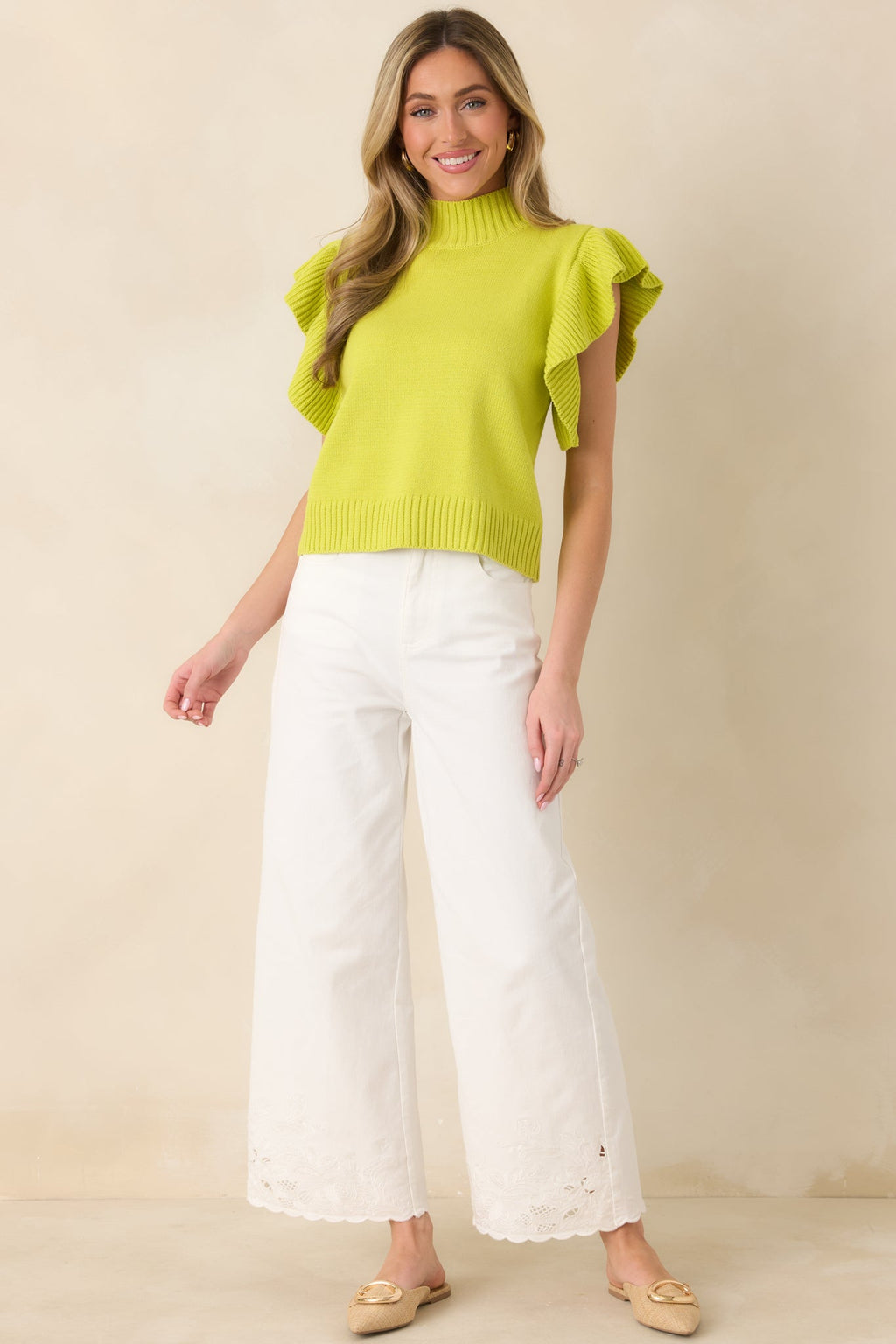 Women's Watch Her Work Chartreuse Green Knit Flutter Sleeve Top | 60% Cotton & 40% Acrylic 4