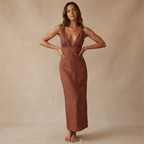 Sleeveless Linen Maxi Dress — Deep V-Neck