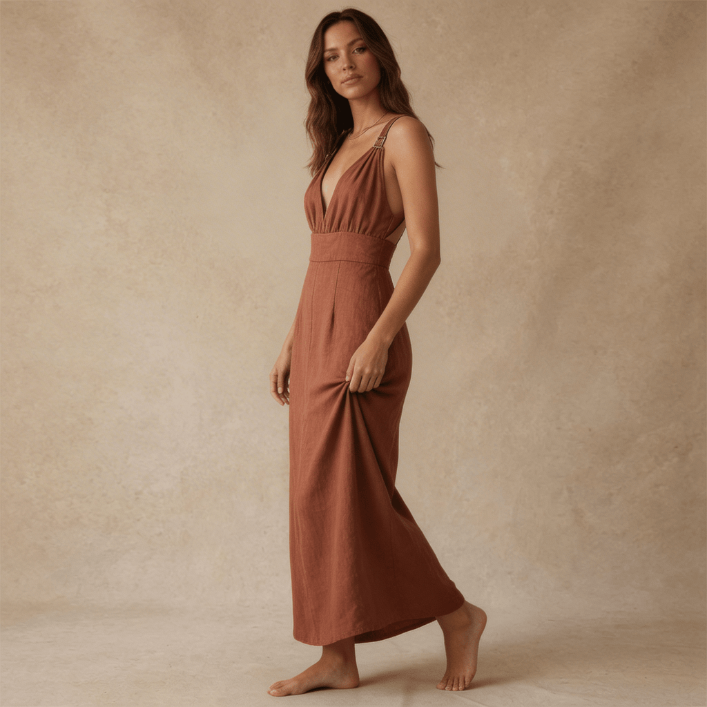 Sleeveless Linen Maxi Dress — Deep V-Neck