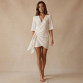 Women's Linen Wrap Mini Dress – Tie Waist Asymmetrical Hem