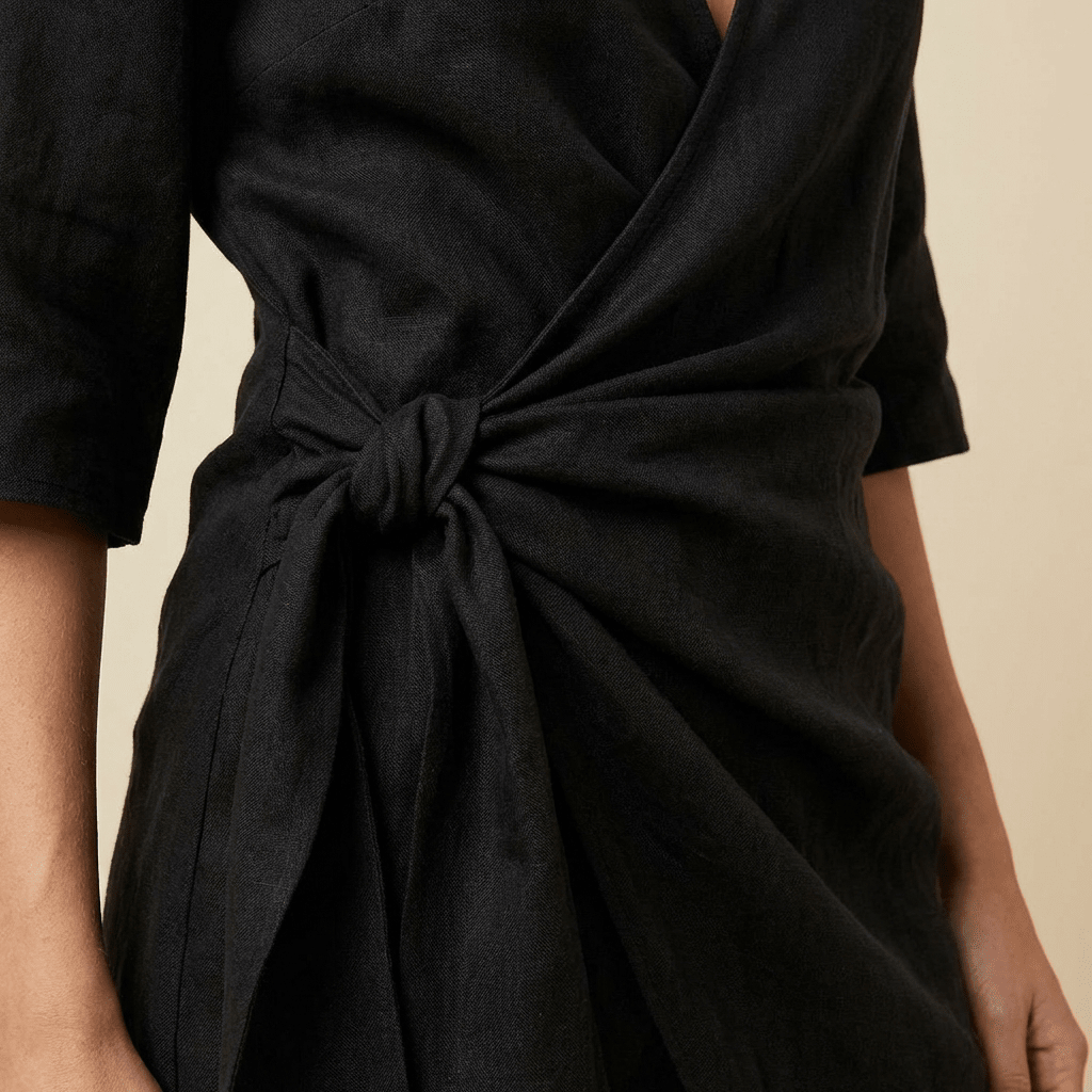 Women's Linen Wrap Mini Dress – Tie Waist Asymmetrical Hem