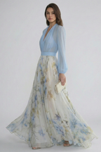 Women’s Maxi Dress with V-Neckline and Sheer Sleeves