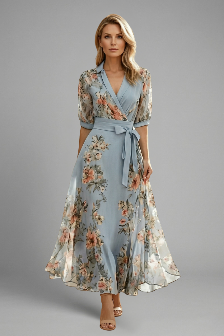 Floral V-neck midi dress front view