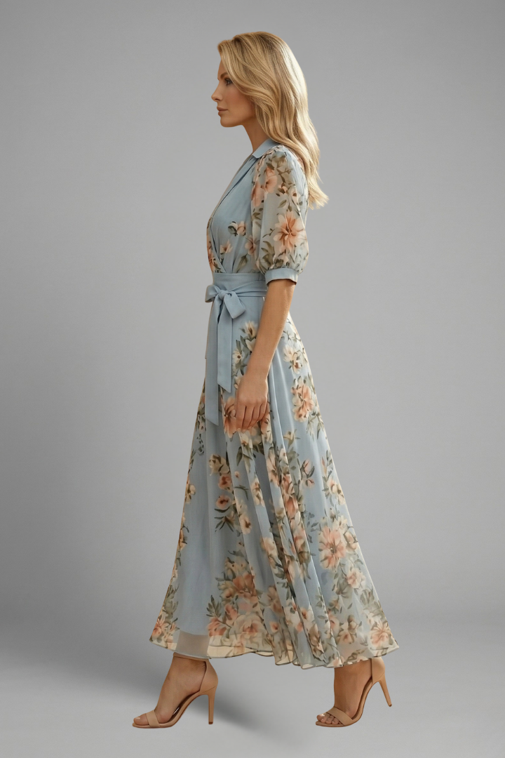 Floral V-neck midi dress detail view