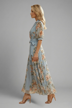 Floral V-neck midi dress detail view