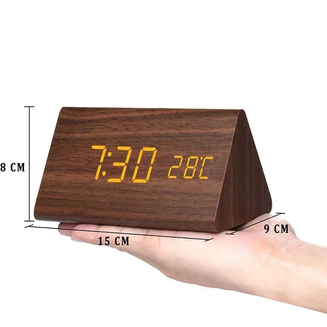 Wooden Digital Alarm Clock — Brightness & Temp Display