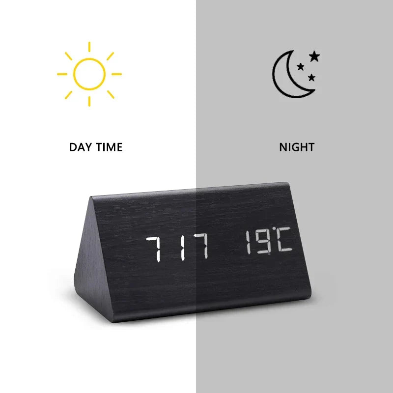 Wooden Digital Alarm Clock — Brightness & Temp Display